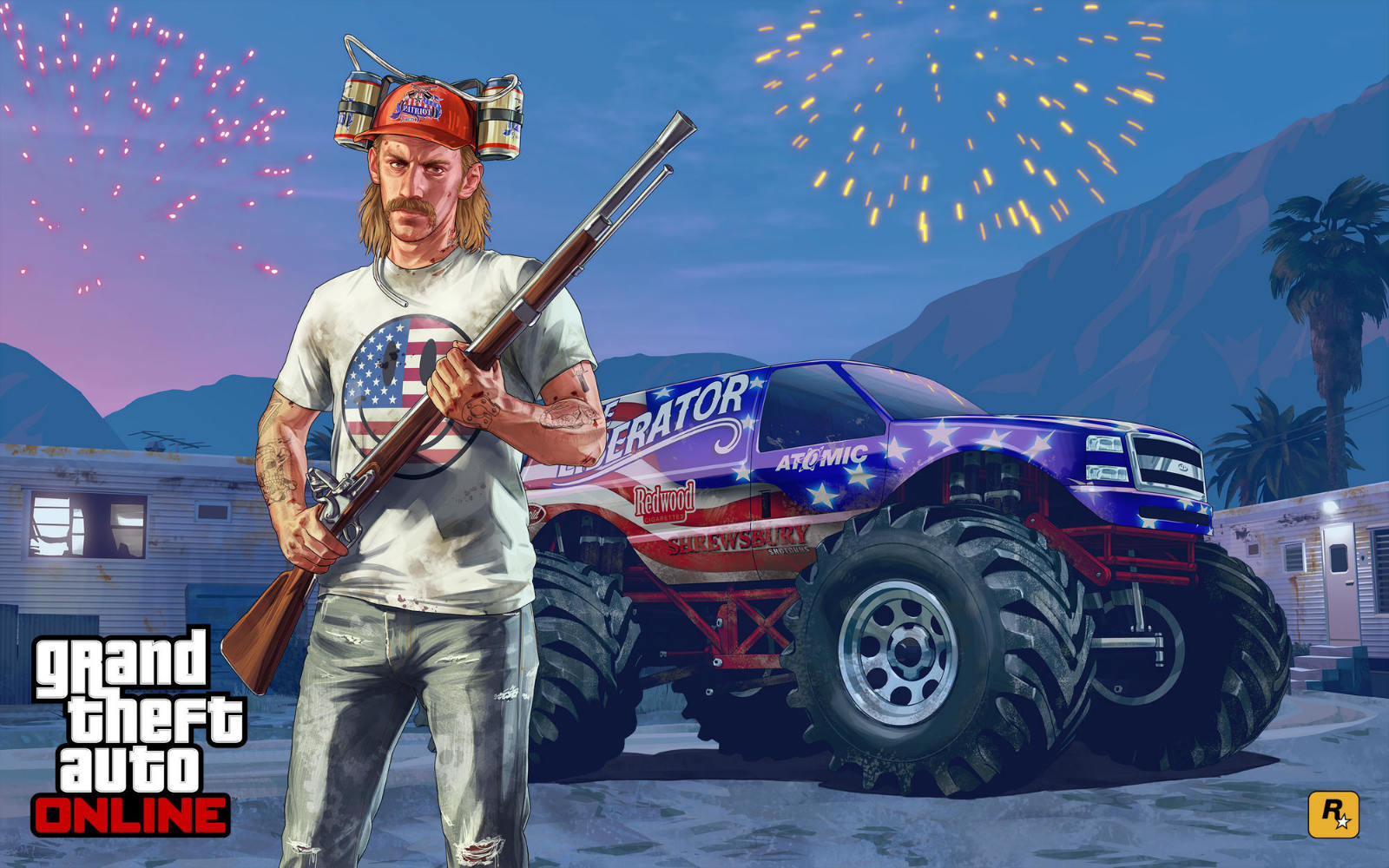 US Flag Smiley Face T-Shirt as seen on the armed redneck in Grand Theft Auto online's Independance Day Special posing with monster truck The Liberator. PYGear.com