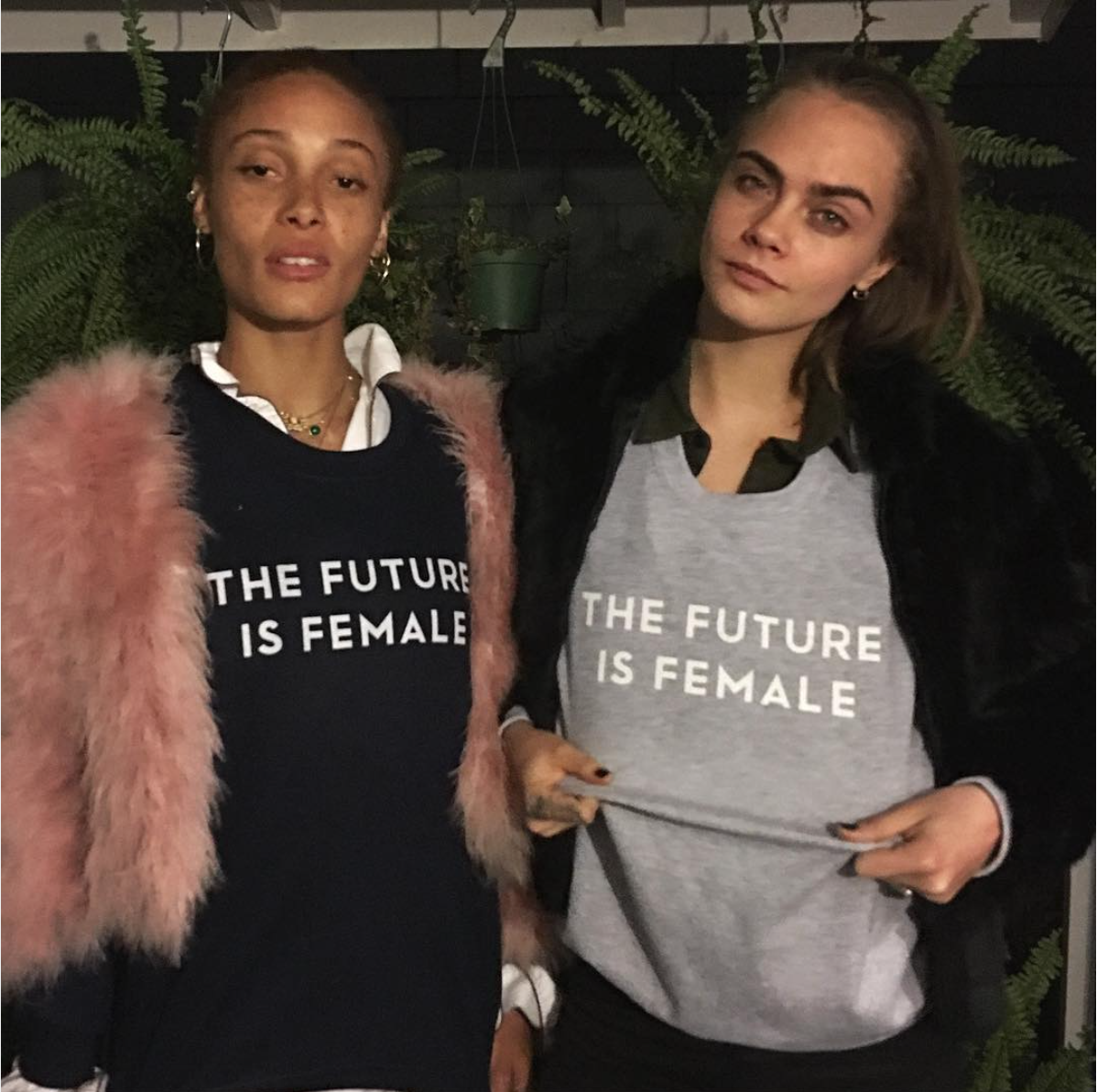 Annie Clark and Cara Delevingne wearing The Future is Female sweatshirt