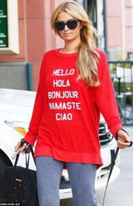 Paris Hilton hello red shirt