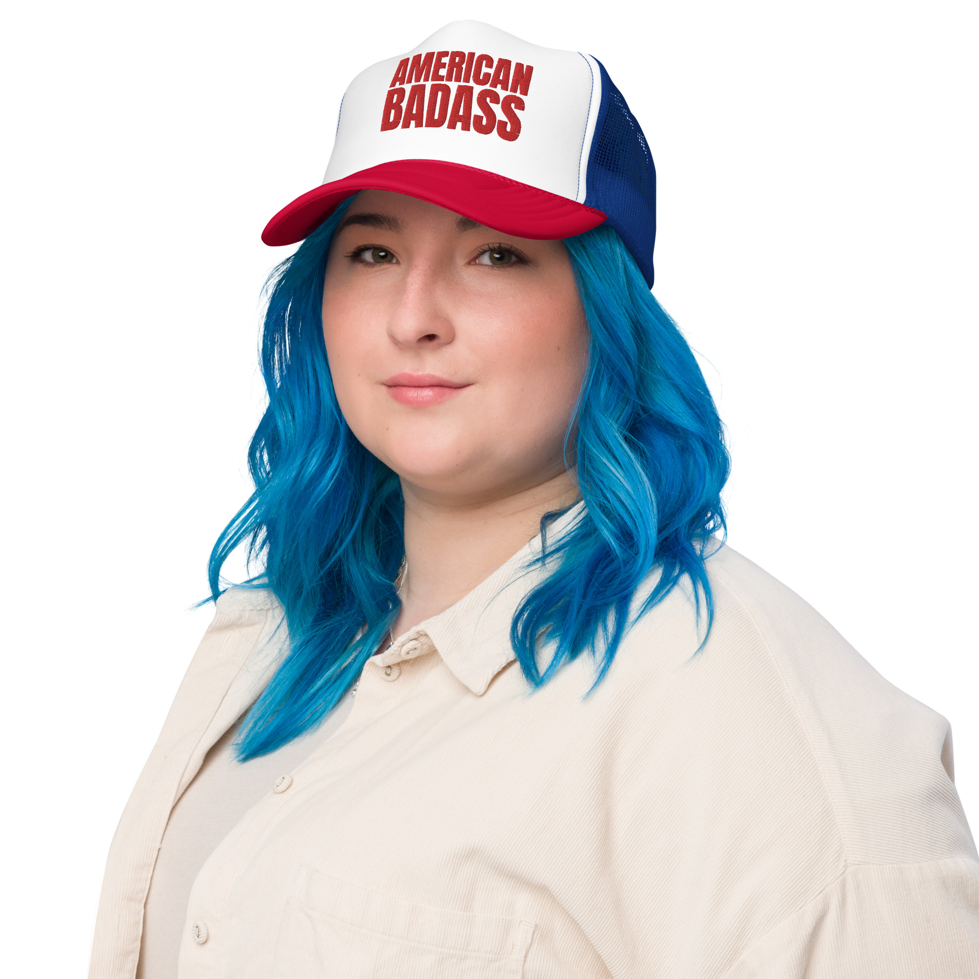 AMERICAN BADASS Red White and Blue Embroidered Trucker Hat - Image 4