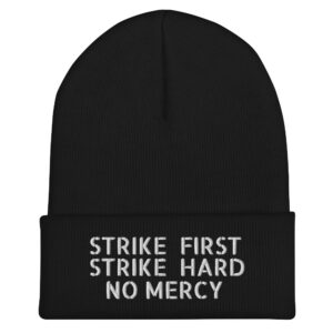 Alternative view of Cobra Kai STRIKE FIRST STRIKE HARD NO MERCY Beanie Hat (Embroidered)