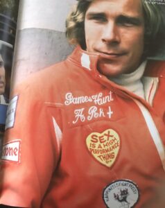 James Hunt patches 'Sex Is A High Performance Thing' and the drunken cat 'Happiness Is A Tight Pussy'