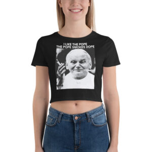Alternative view of I Like The Pope The Pope Smokes Dope Crop Top Tee (Black)