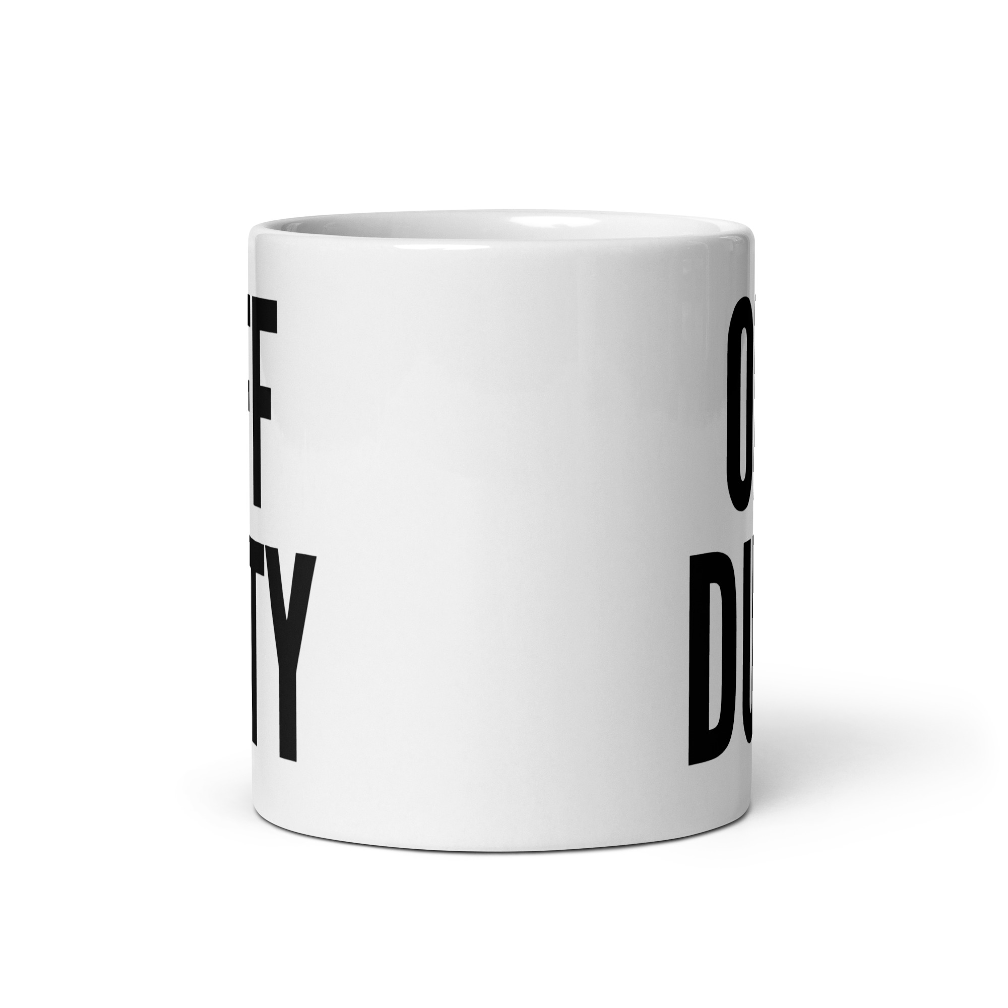 OFF DUTY (in black letters) coffee mug