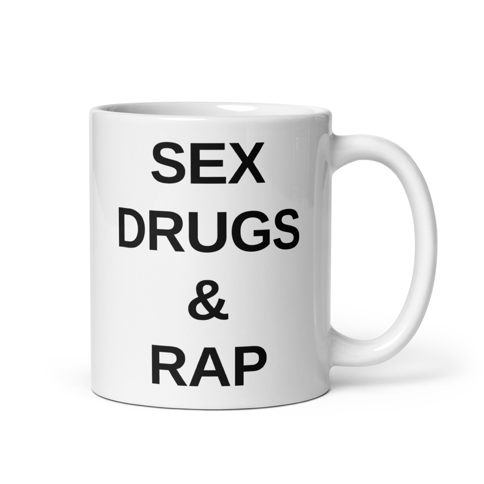 SEX DRUGS RAP (in black letters) coffee Mug