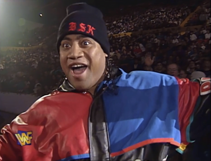 Rikishi working his "Make A Difference" Fatu gimmick on-screen while wearing his BSK beanie hat in 1995.