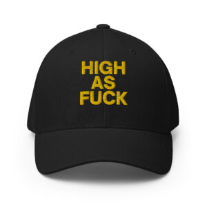 HIGH as FUCK (yellow letters version) Flexfit Baseball Cap (Embroidered)