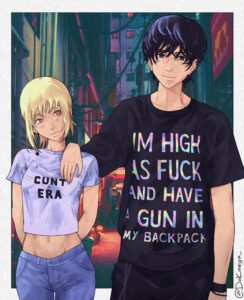 Cunt Era Im High as Fuck and Have a Gun in My Backpack couple matching tees Farnese and Joshua Chainsaw Man