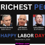 FIVE RICHEST PEOPLE Elon Musk $226B. Bernard Arnault $183B. Jeff Bezos $162B. Larry Ellison $134B. Bill Gates $129B. Happy Labor Day. PYGear.com