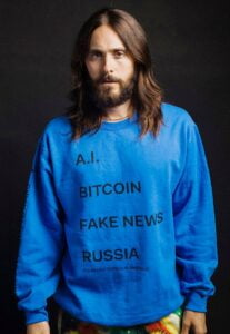 Jared Leto 'AI BITCOIN FAKE NEWS RUSSIA Four Hot Topics In America' shirts