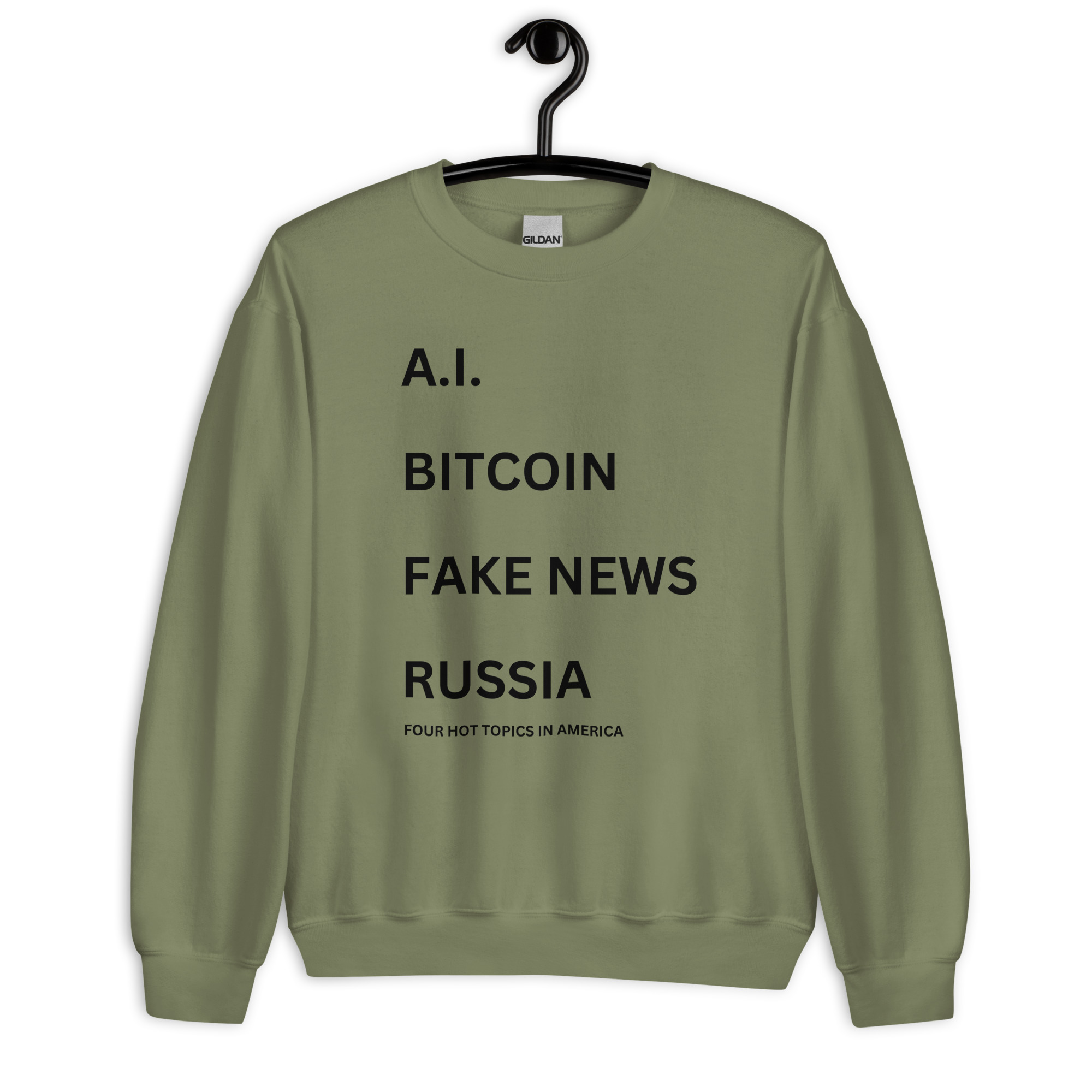 Jared Leto 'AI BITCOIN FAKE NEWS RUSSIA Four Hot Topics In America' Sweatshirt - Image 5