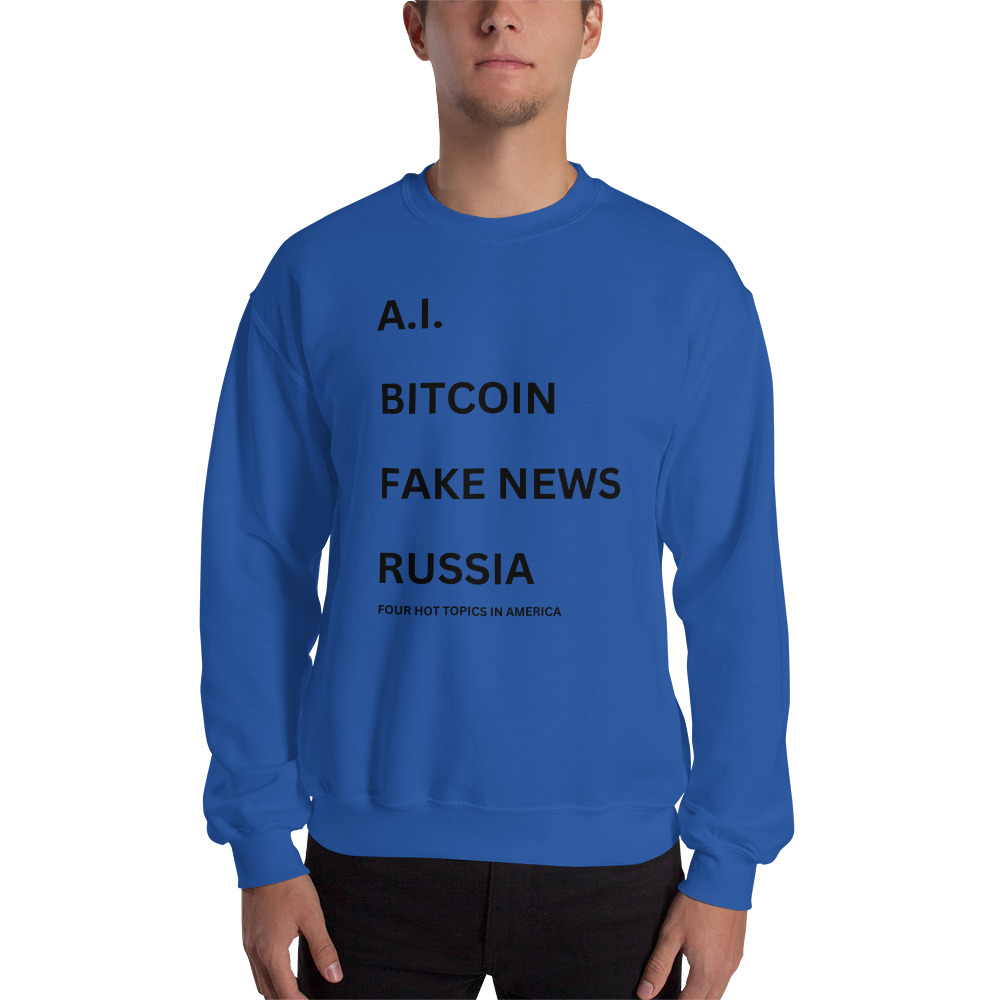 Jared Leto 'AI BITCOIN FAKE NEWS RUSSIA Four Hot Topics In America' Sweatshirt - Image 2