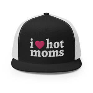 I Heart Hot Moms (Pink Heart) Flat Brim Embroidered Trucker Cap
