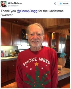 Willie Nelson SMOKE WEED ugly Christmas sweater given by Snoop Dogg