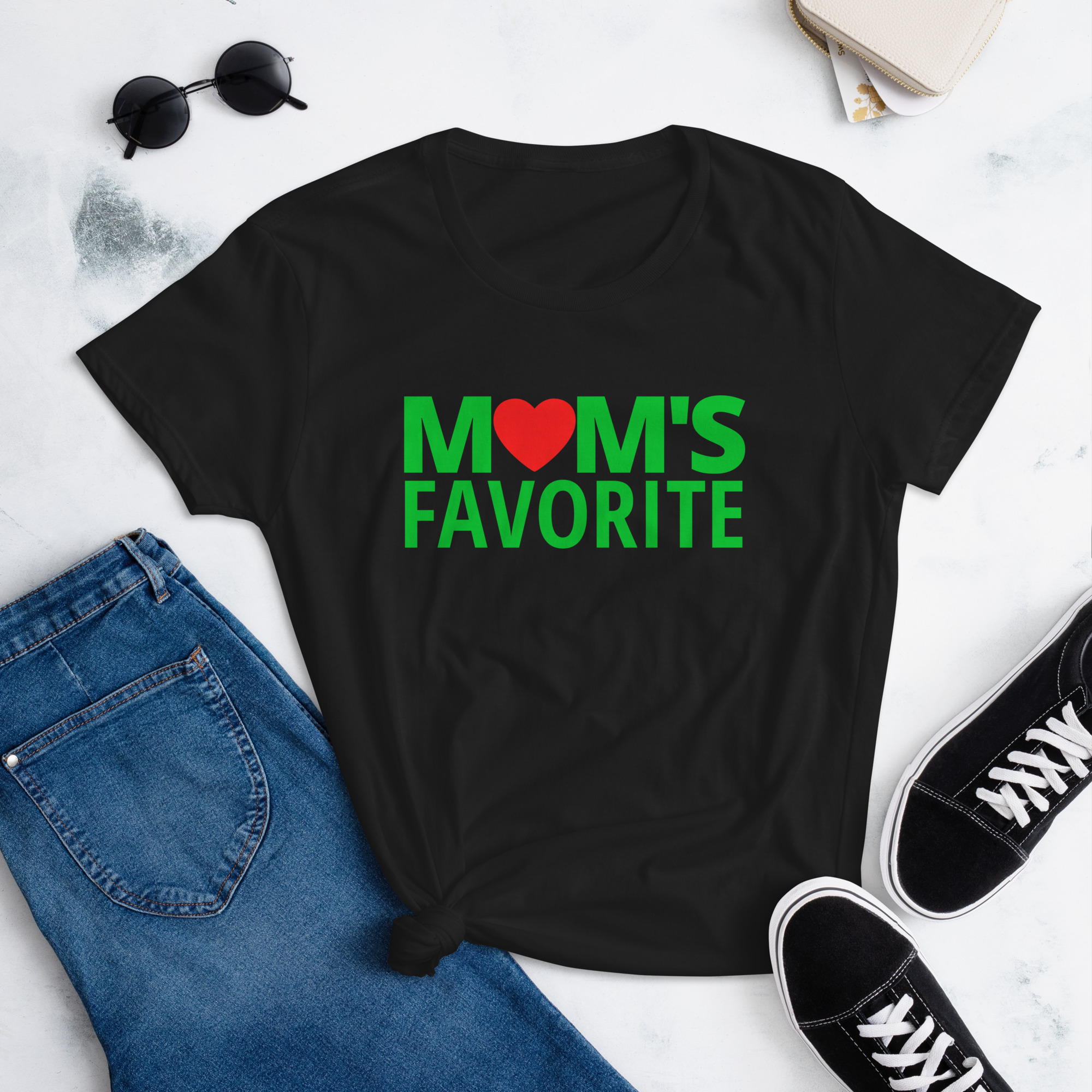 MOM'S Favorite (in green letters & Red Heart) Women's T-Shirt