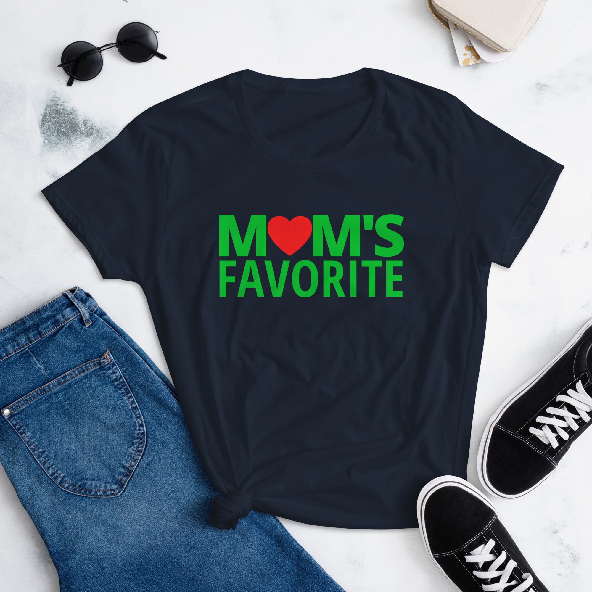 MOM'S Favorite (in green letters & Red Heart) Women's T-Shirt - Image 2