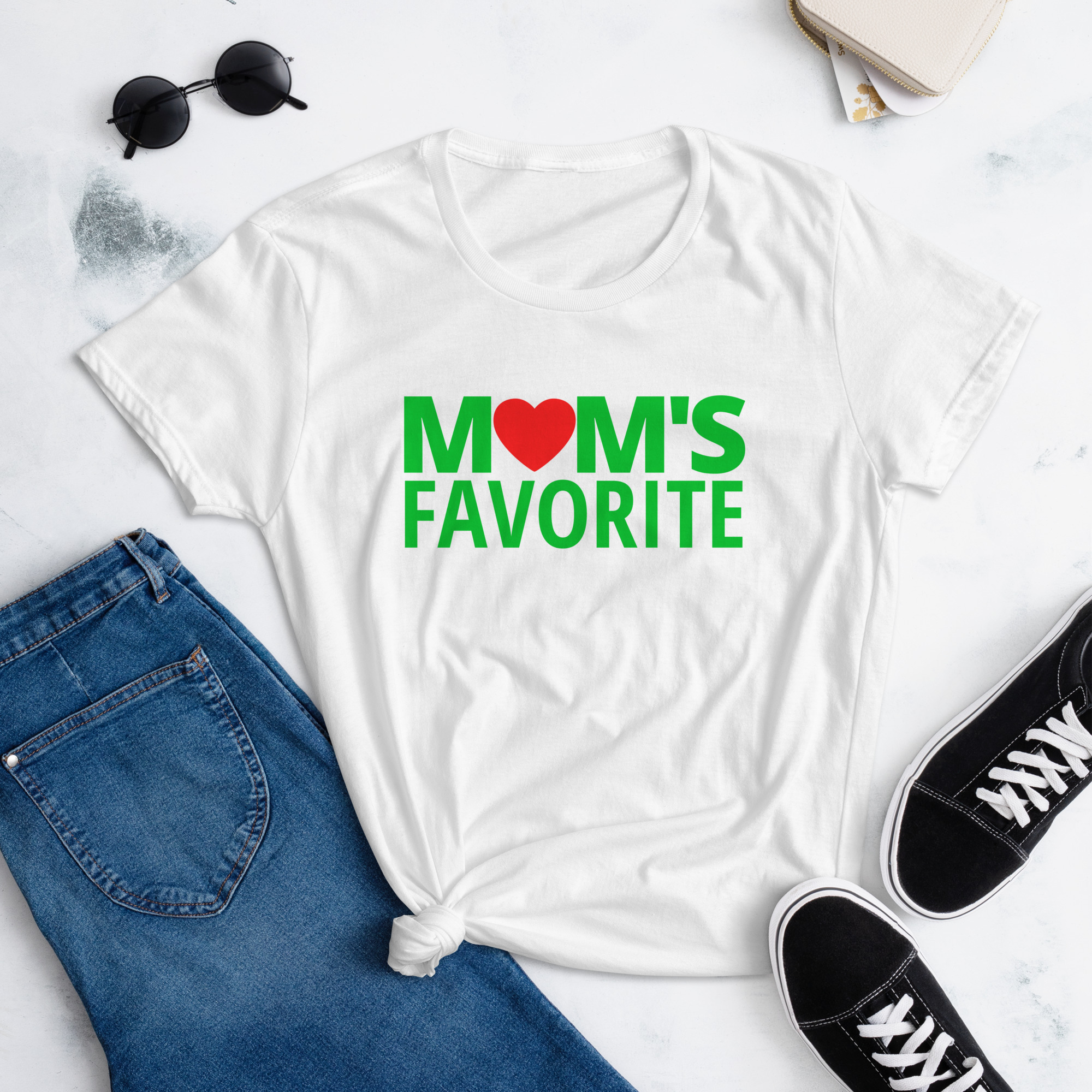 MOM'S Favorite (in green letters & Red Heart) Women's T-Shirt - Image 4