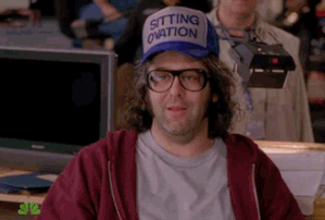 30 Rock Frank slogan trucker hats SITTING OVATION then I GIVE UP mini-hat underneath