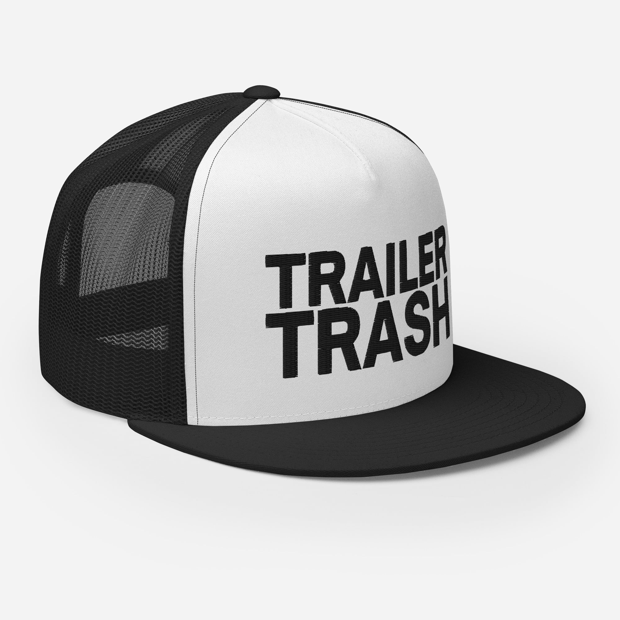TRAILER TRASH (in black letters) Flat Brim Trucker Cap - Image 2
