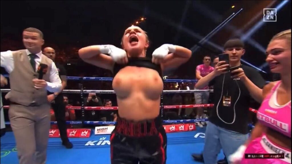 Boxer Daniella Hemsley flashing her boobs after winning (uncensored)