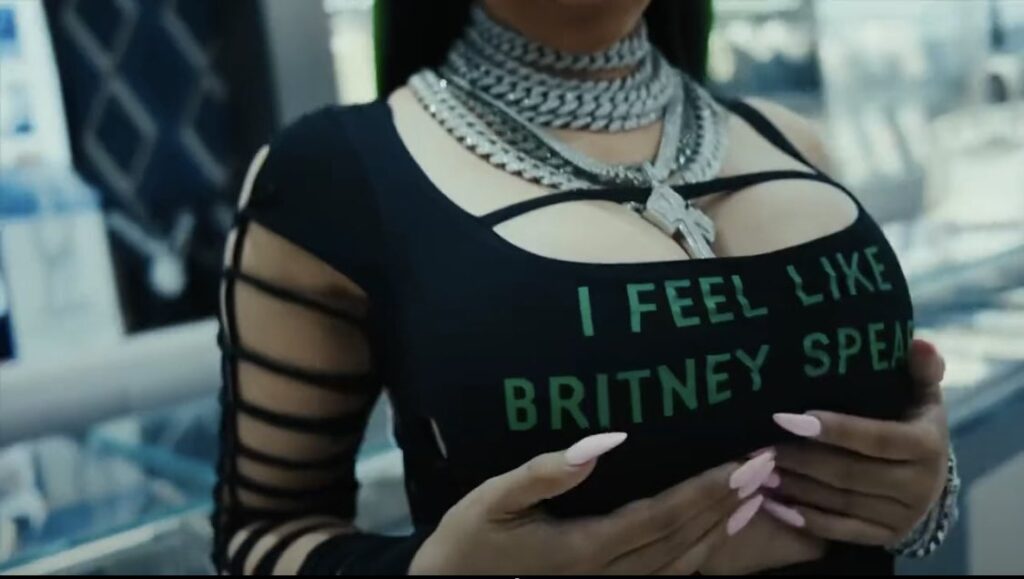 Cardi B wearing a I Feel Like Britney Spears shirt for tonight’s Put It On Da Floor Again music video