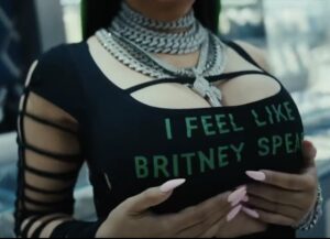 Cardi B wearing a I Feel Like Britney Spears shirt for tonight’s Put It On Da Floor Again music video