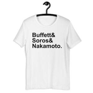 📈Three Investors: Buffett Soros Nakamoto (in black letters) t-shirt