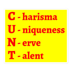 CUNT Charisma Uniqueness Nerve Talent sticker (yellow & red)