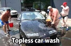 Topless car wash - fat old dude in speedo