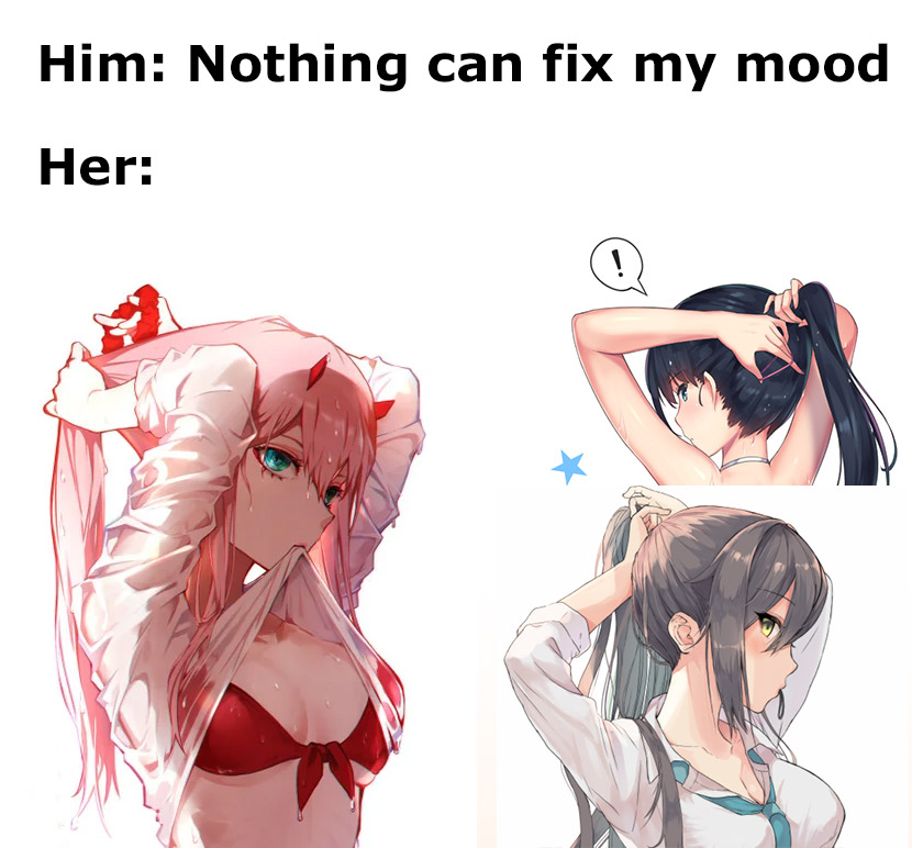 tying up her hair for a blowjob