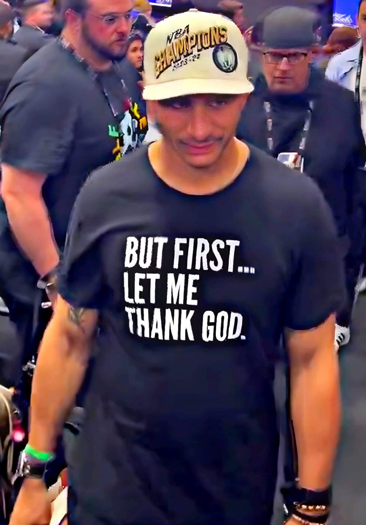 But First Let Me Thank God shirt as worn by Joe Mazzulla after winning the NBA Championship