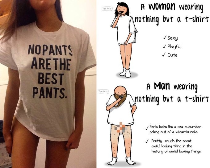 No Pants Are The Best Pants - Woman vs Man wearing nothing but a t-shirt