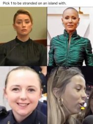 Pick 1 to be stranded on an island with - Amber Heard, Will Smith's wife, cop chick, Hawk Tuah