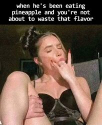 When he's been eating pineapple and you're not about to waste that flavor - Legs spread wide woman sucking her middle fingers