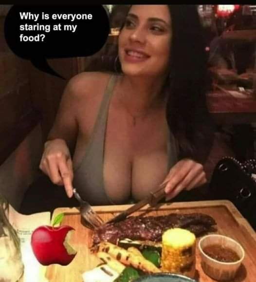 Why is everyone staring at my food - delicious looking big boobs cleavage
