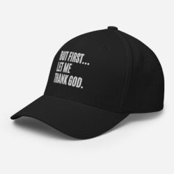 Alternative view of But First Let Me Thank God hat | Embroidered Flexfit Baseball Cap