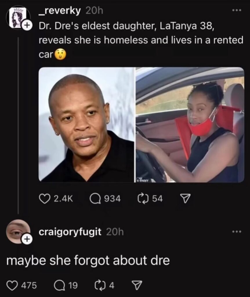 Dr Dre's daughter is homeless