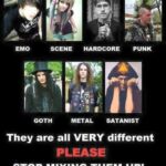 Emo, Scene, Hardcore, Punk, Goth, Metal, Satanist - They are all very different please stop mixing them up meme