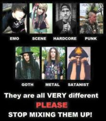 Emo, Scene, Hardcore, Punk, Goth, Metal, Satanist - They are all very different please stop mixing them up meme
