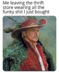 Me leaving the thrift store wearing all the funky shit I just bought