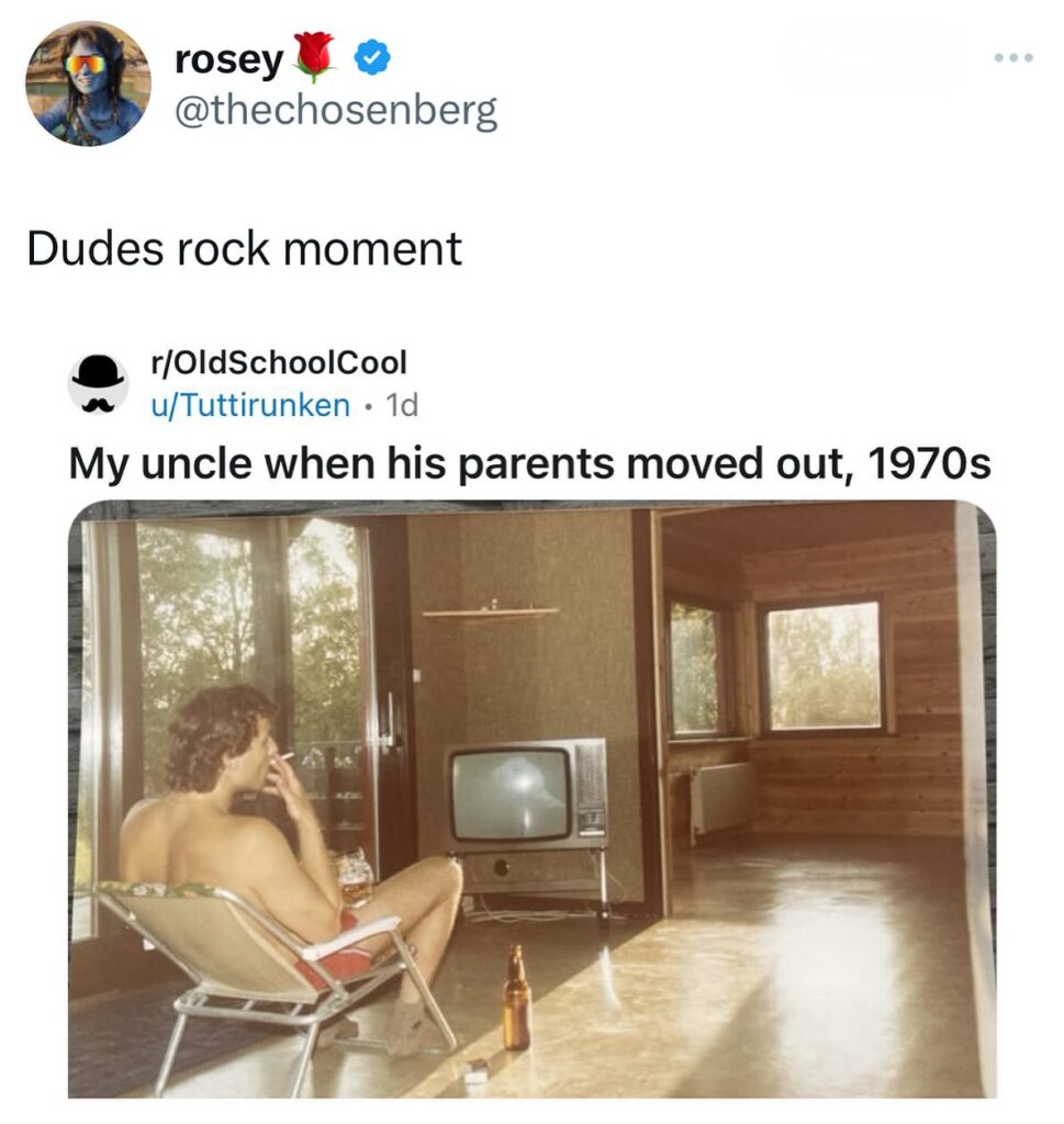 My uncle when his parents moved out 1970s meme