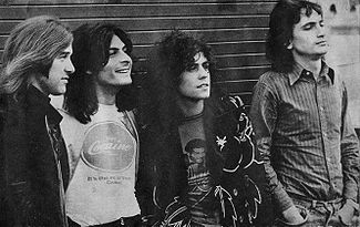 T. Rex band (left to right): Bill Legend, Mickey Finn, Marc Bolan, Steve Currie