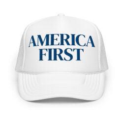 AMERICA FIRST (in blue letters) Trucker hat