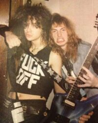 Dimebag Darrell (RiP) FUCK OFF shirt with Dave Mustaine, sometime in the mid 80