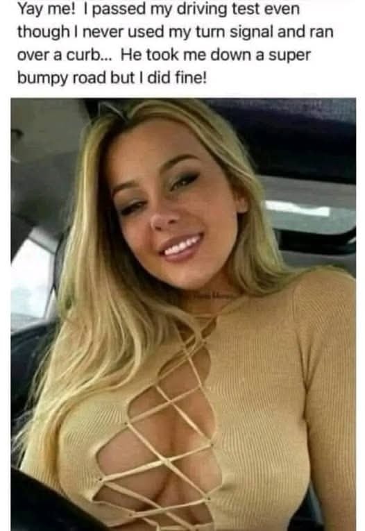 Bimbo passing her driving test