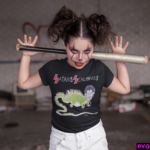 Crazy Lady modeling a Satans Schlongs T-shirt