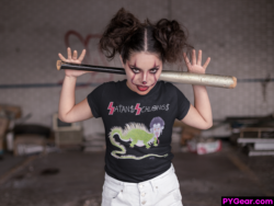 Crazy Lady modeling a Satans Schlongs T-shirt