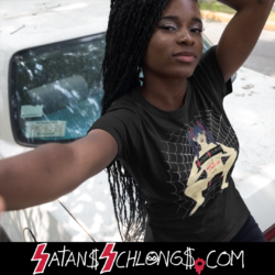 Model wearing Black Widow tee shirt