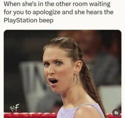 When she's in the other room waiting for you to apologize and she bears the Playstation beep meme Stephanie McMahon