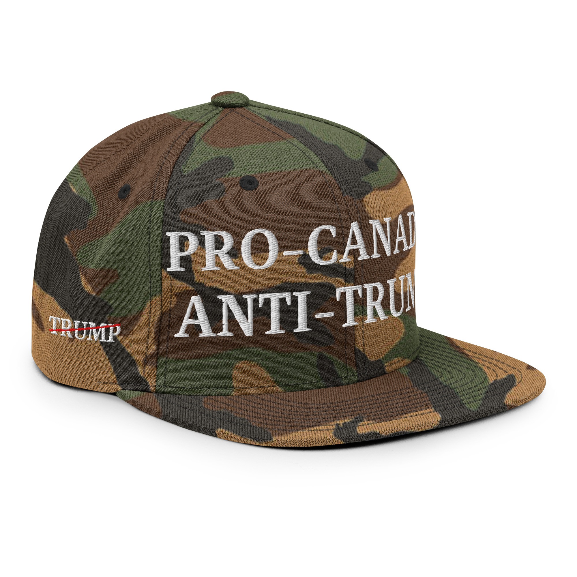 PRO-CANADA ANTI-TRUMP Canada Flag Trump Strikethrough Snapback Hat - Image 15